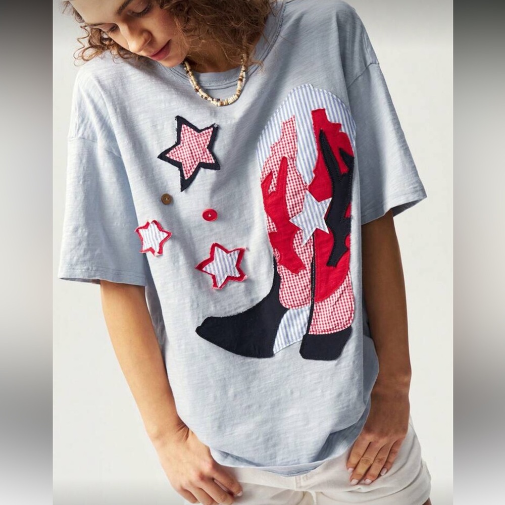 Star cowgirl boots patchwork gray  T-Shirt with Red and Black Star Design